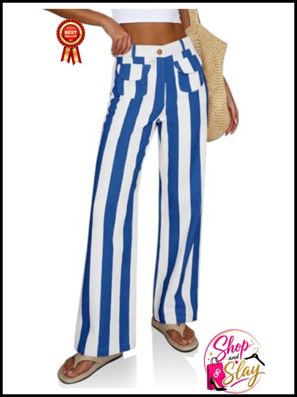 Wide Leg High Waist Striped Jeans Cotton Denim Pants Casual